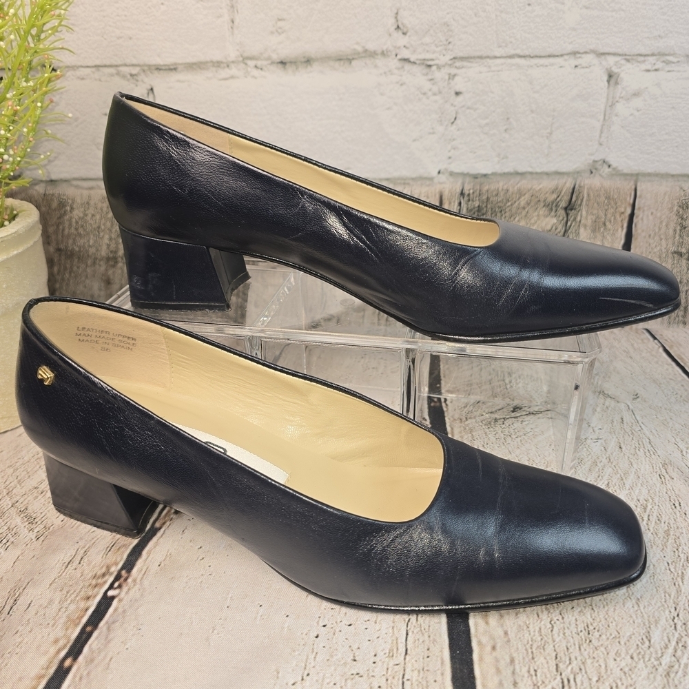 ETIENNE AIGNER VINTAGE NAVY BLUE LEATHER PUMPS BLOCK HEEL SQUARE TOE WOMENS 8N